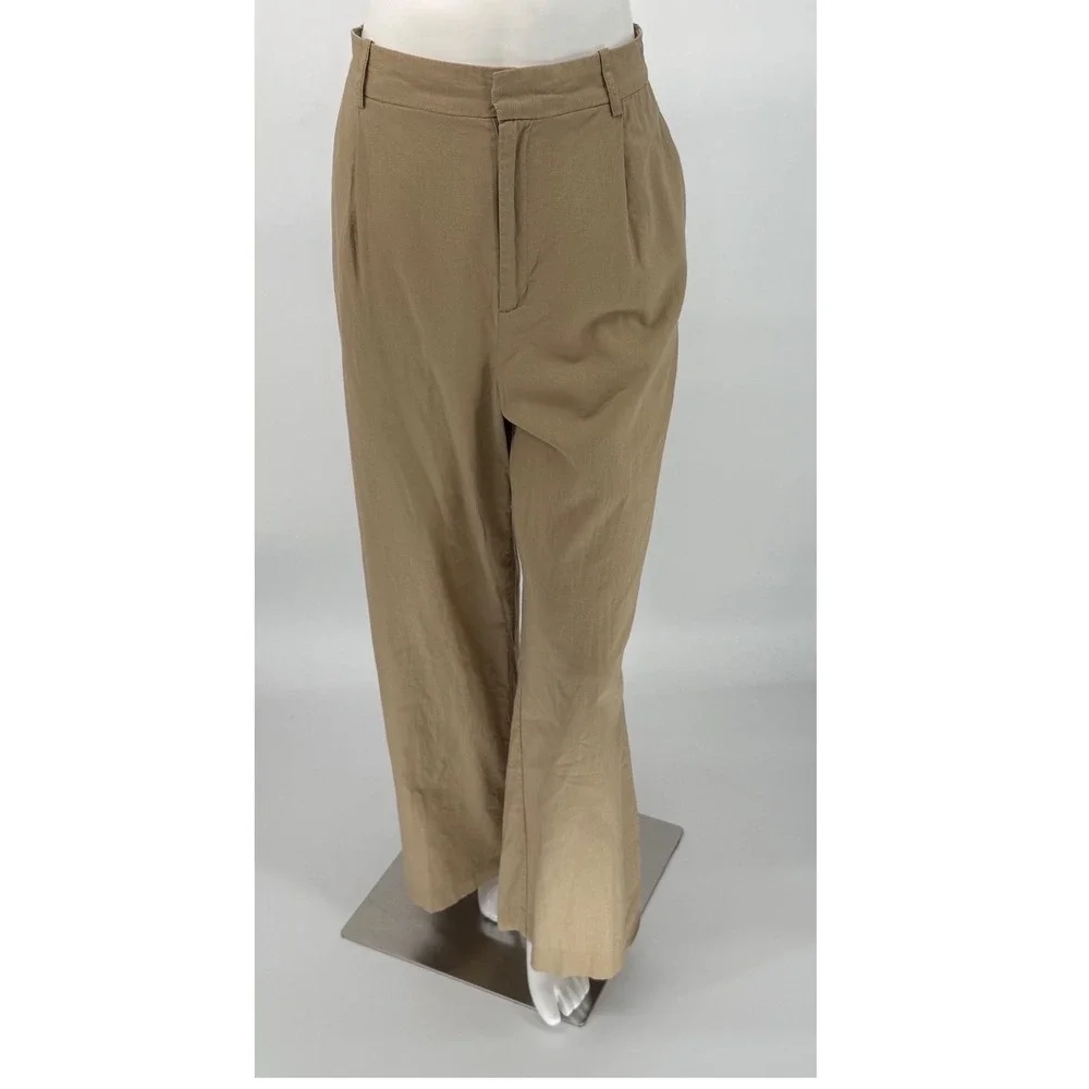 Zara Tan Khaki Linen High Waist‎ Pleated Wide Leg Trousers  XL Resortwear 102-57
